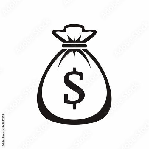 Black and white icon of a money bag with a dollar sign, symbolizing wealth and finance.