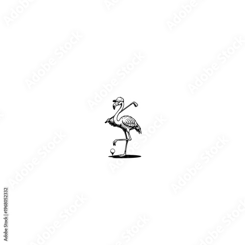 Pink Flamingo Play Golf. Сartoon character. Vector illustration