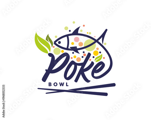 Poke bowl icon with fish outline and leaf elements. Vector sushi seafood emblem with rice ingredient bubbles and chopstick. Asian Hawaiian cuisine restaurant branding isolated modern label