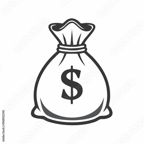 A black and white illustration of a money bag with a dollar sign.