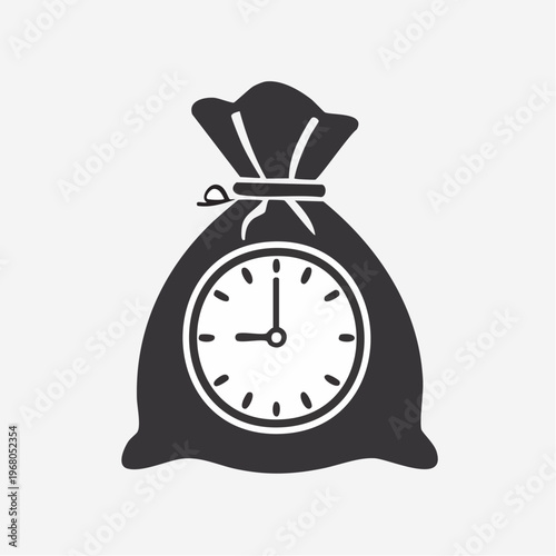 A black money bag with a clock face, symbolizing the concept of time being a valuable financial asset.
