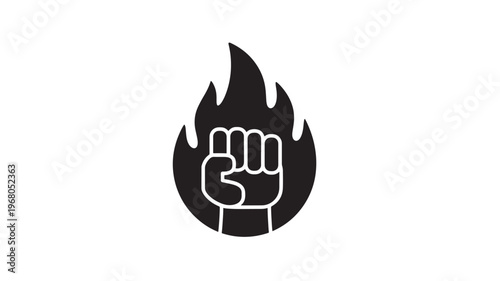 Fist silhouette with flame icon in black and white, representing power and revolution featuring fire, protest, symbol with solidarity and strength