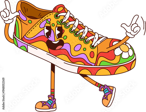 Cartoon retro groovy hippie sneaker character. Vector cheerful, multicolored teenager shoe, funky vintage footwear boot in vibrant colors, with quirky face expression. Old school comic y2k personage
