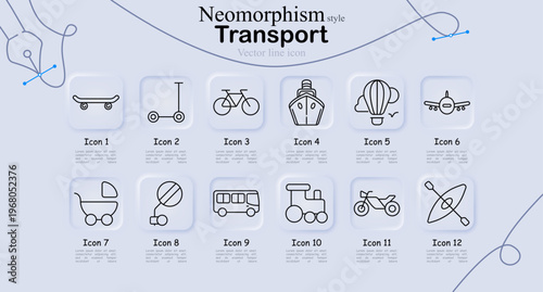 Transport mobility set icon. Clean line icons with skateboard, kick scooter, bicycle, ship, hot air balloon, airplane, stroller, road sign, bus, train engine, motorcycle, kayak