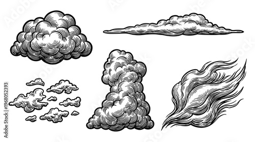 A collection of five distinct hand-drawn illustrations of various cloud formations and smoke plumes, rendered in a classic black and white sketch style.