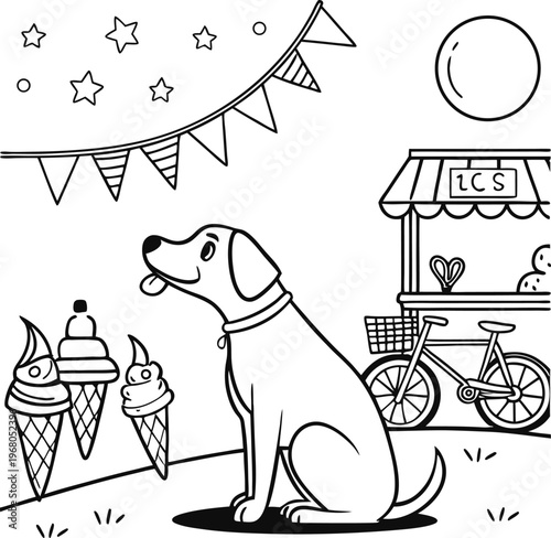 Colorful dog illustration, ice cream shop scene, pet friendly, summer fun vector