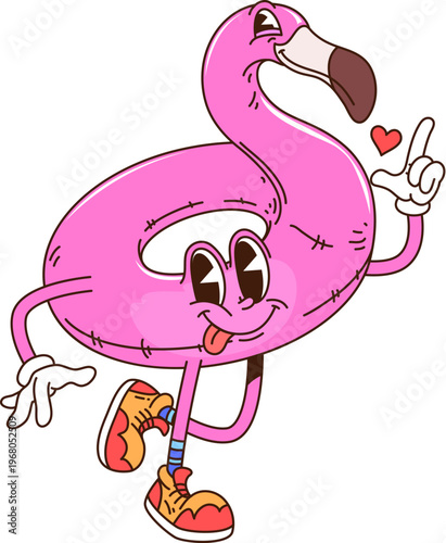 Cartoon funky groovy flamingo rubber floating ring, hippie trippy travel and vacation character with heart symbol. Retro vector funky floater y2k personage ready for safety in the swimming pool or sea