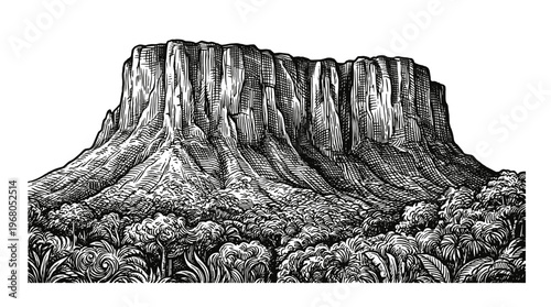 A dramatic, detailed black and white illustration of a massive, sheer-sided mesa rising from a dense, lush forest.