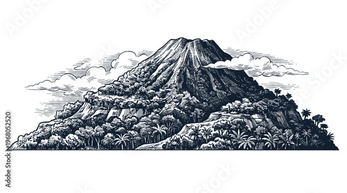 An intricately detailed, vintage-style illustration of a lush, tropical volcano erupting with smoke and clouds swirling around its peak.