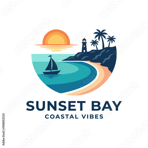 This serene image illustrates a beautiful sunset over a tranquil bay, featuring palm trees, a lighthouse, and a sailboat, embodying the essence of coastal relaxation.