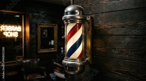 Iconic red white and blue barber pole with spiral bands glowing on a wooden wall