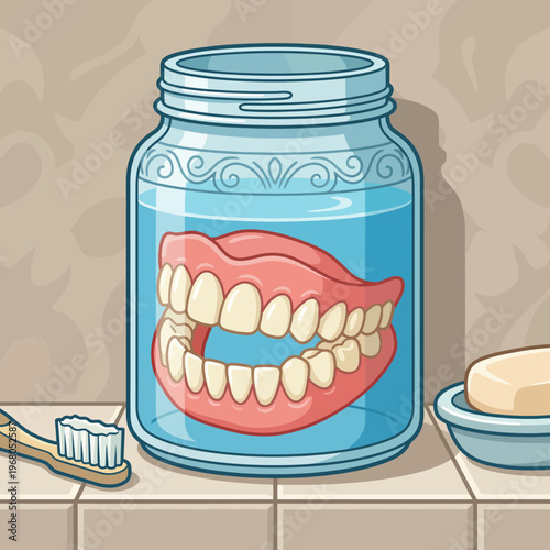 A playful and whimsical illustration of a jar holding dentures, placed on a bathroom counter, humorously depicting the importance of dental care and hygiene.