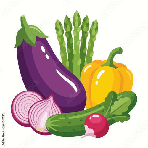 A vibrant assortment of fresh vegetables including eggplant, bell pepper, cucumber, and asparagus, perfect for healthy cooking and nutrition-focused recipes.