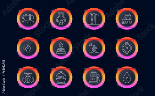 Oil gas set icon. Linear energy production collection with storage tank, laboratory flask, refinery tower, tanker ship, hazard flame sign, gas burner, pumpjack extraction, pressure gauge monitoring