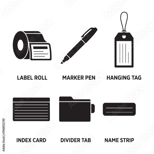 Office labeling supplies collection with label roll marker pen hanging tag and index card vector set