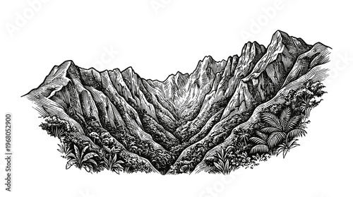 A dramatic, detailed black and white illustration of a rugged mountain range with a deep valley carved into its center, surrounded by lush vegetation.