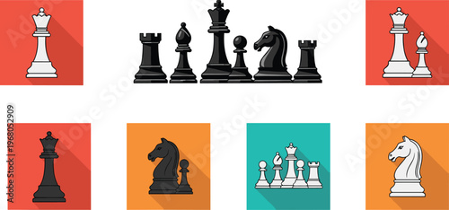 Chess pieces icons set, king queen rook bishop knight pawn, strategy board game elements, flat design, modern illustration collection
