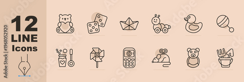 Kids toys set icon. Line icons with teddy bear, dice toy, paper boat, caterpillar toy, rubber duck, rattle, bubbles jar, pinwheel, toy phone, windup mouse, bear doll, sand bucket.