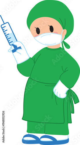 Cute Surgeon Character Holding Syringe Medical Illustration