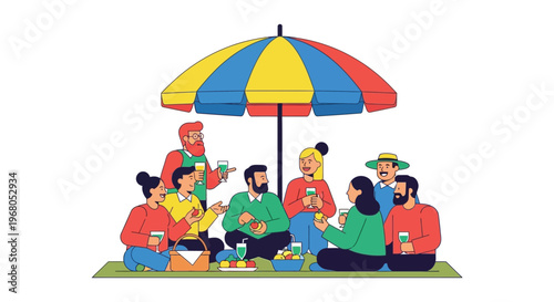 A colorful illustration depicts a group enjoying a picnic under a large umbrella presented as a distinct silhouette high quality professional