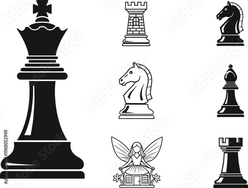 Chess pieces icons set, king rook knight bishop pawn, strategy board game elements, black and outline styles, isolated illustration collection