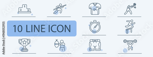 Athletics competition set icon. Podium javelin jersey tennis stopwatch hurdle trophy boxing shorts weightlifting sport training.