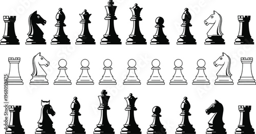 Chess pieces set collection, black and white silhouettes, classic strategy game elements, king queen bishop knight rook pawn vector illustration