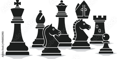 Chess pieces illustration set, black silhouettes, king queen bishop knight rook pawn, strategy board game concept isolated vector design