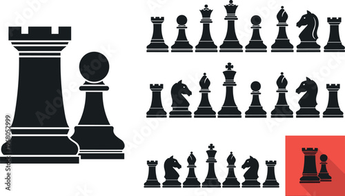 Chess pieces silhouettes collection, king queen rook bishop knight pawn, strategy board game icons, classic black shapes, isolated illustration set