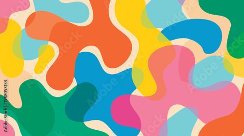 Colorful abstract shapes overlap and create a vibrant background pattern.