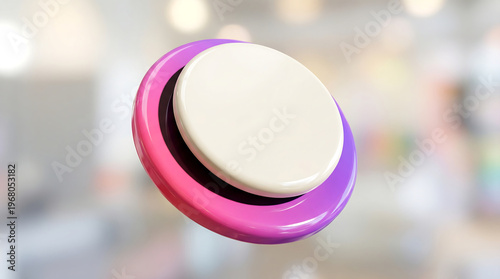 Colorful 3D button isolated on a vibrant bokeh background.