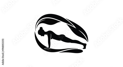Woman in a strong plank yoga pose is depicted within an abstract design of flowing organic leaf shapes, symbolizing health, wellness, and natural balance for a healthy lifestyle.