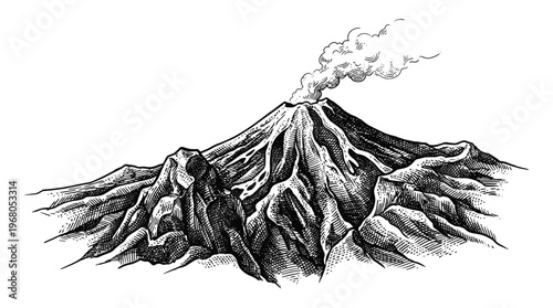 A detailed, hand-drawn illustration of an active volcano erupting with smoke billowing from its summit, surrounded by rugged mountain terrain.