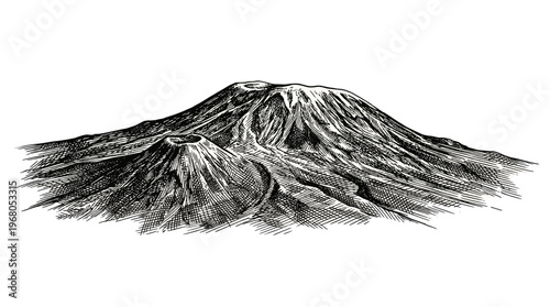 A detailed, black and white illustration of Mount Kilimanjaro, showcasing its majestic volcanic slopes and surrounding terrain.