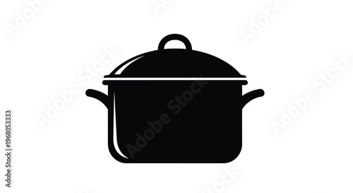 A simple black silhouette depicts a cooking pot with a lid and handles isolated on white