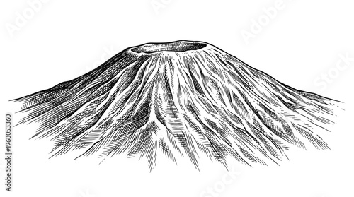 A detailed black and white sketch of a conical volcano, showcasing its crater and the textured slopes formed by lava flows.