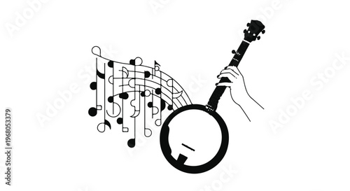 Isolated vector illustration of an electric guitar and musical notes featuring acoustic strings and black bass equipment for a rock concert or jazz band audio icon