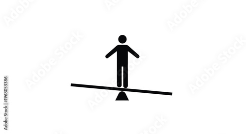 A simple black silhouette depicts a stick figure balancing on a seesaw high quality professional detailed