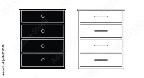 Two contrasting chest of drawers designs one black and one white presented as a graphic silhouette high quality professional detailed modern