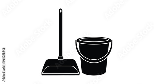 A simple black and white illustration depicts a mop and bucket common cleaning tools high quality