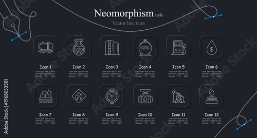 Oil and gas industry set icon. Oil tanker transport, laboratory chemical flask, industrial refinery tanks, gas storage sphere, oil pump station, fuel drop price symbol, offshore platform