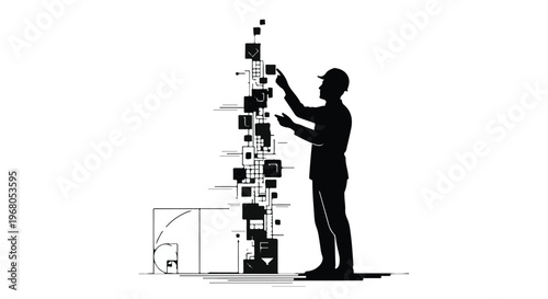 Silhouette of a man interacting with a digital data stream ascending beside a golden ratio spiral.