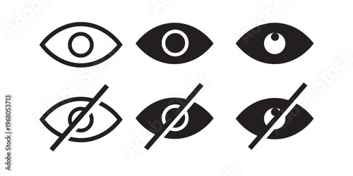 Eye visibility toggle icons set. Open and closed eye symbols for show hide password, privacy visibility control UI vector illustration