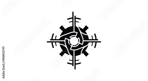 Abstract geometric black symbol on a white background, featuring intricate interlocking shapes and radiating lines, suggesting technology or a complex system.