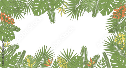 Vibrant tropical leaves and exotic flowers forming a decorative frame on a white background.