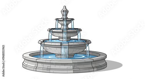 A detailed illustration of a tiered stone fountain with flowing water presented as a striking silhouette high quality professional modern elegant