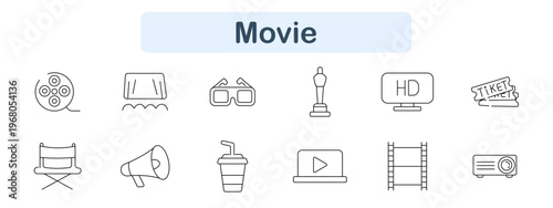 Movie set icon. Film reel, screen, 3D glasses, award statue, HD display, tickets, director chair, megaphone, drink cup, laptop play, film strip, projector. Cinema entertainment visuals