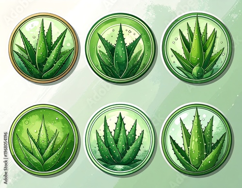 Six green aloe vera plant illustrations on circular labels
