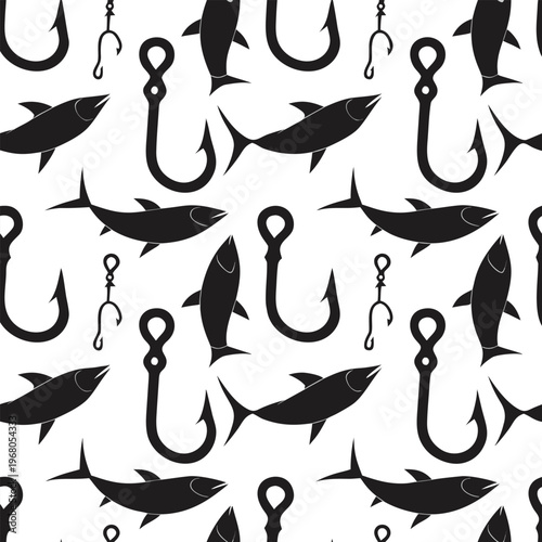 Seamless Fishing Pattern with Tuna Fish and Hooks, Minimalist Black and White Vector Background for Nautical Branding, Apparel, and Seafood Restaurant Design