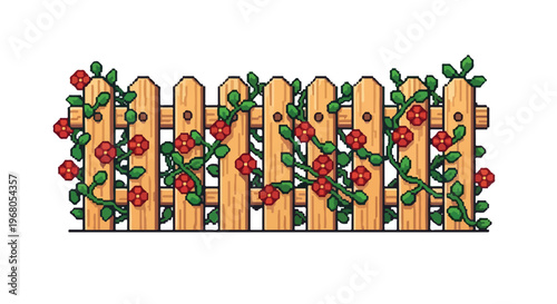 This pixel-style vector illustration depicts a light brown wooden picket fence entwined with lush green vines and vibrant red flowering blossoms.
